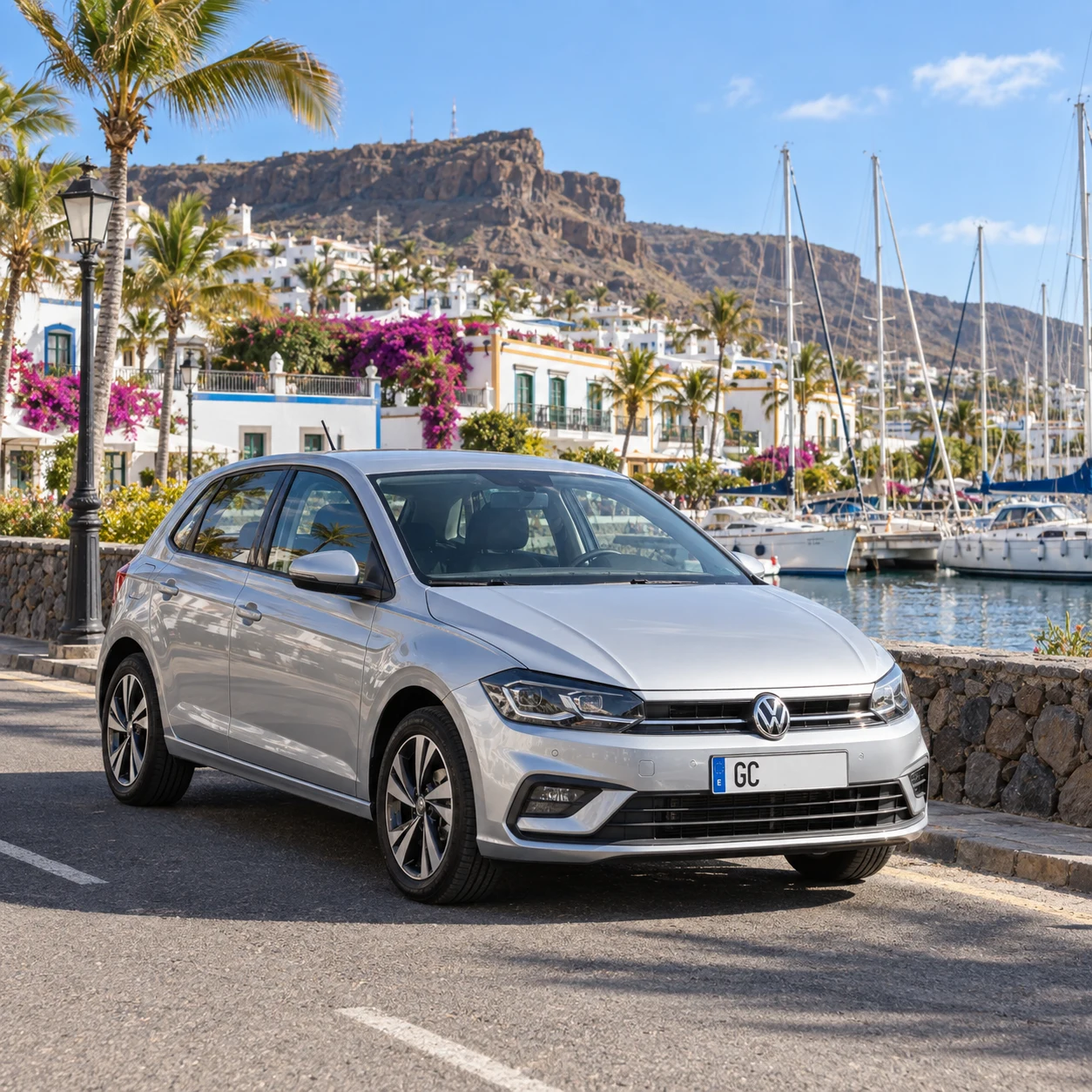 A silver hatchback parked beside a marina